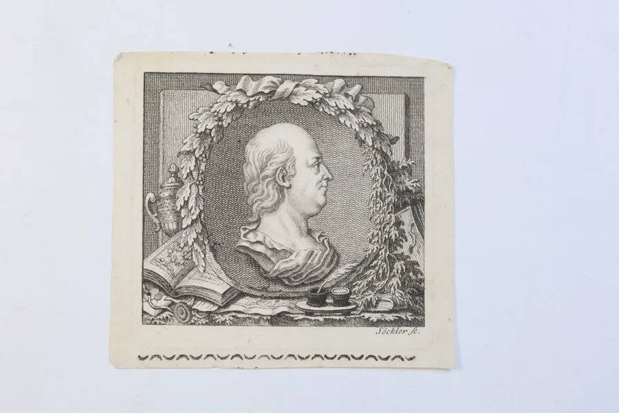 TYSKLAND. JOHANN MICHAEL SÖCKLER (1744–1781), gravör. Porträtt av Benjamin Franklin, kopparstick, 1700-tal.