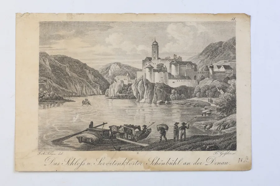 ÖSTERRIKE. JOHANN ADAM KLEIN (Tyskland, 1792–1875), efter, samt FRIEDRICH GEISSLER (Tyskland, 1778–1853), gravör. Schönbühel vid Donau, omkring 1810–1825.