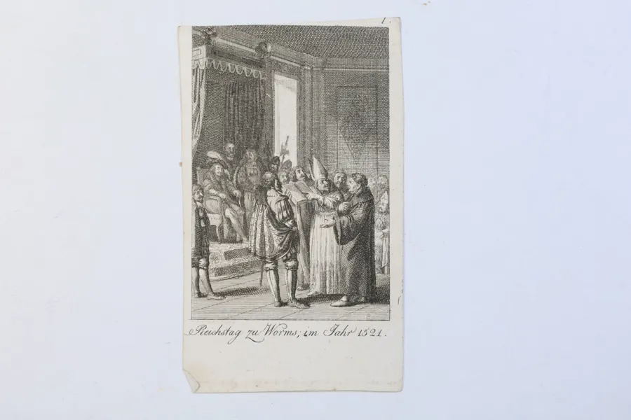 TYSKLAND – RIKSDAGEN I WORMS 1521, MARTIN LUTHER INFÖR KEJSAR KARL V, GRAFISKT BLAD, 1800-TAL