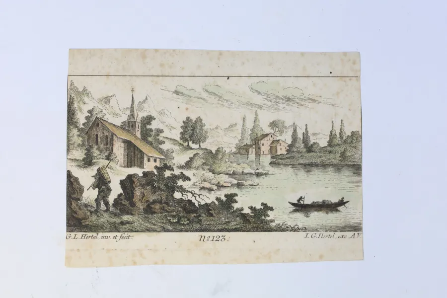 TYSKLAND – GEORG LEOPOLD HERTEL, LANDSKAP MED VATTENKVARN, HANDKOLORERAT KOPPARSTICK, 1700-TAL