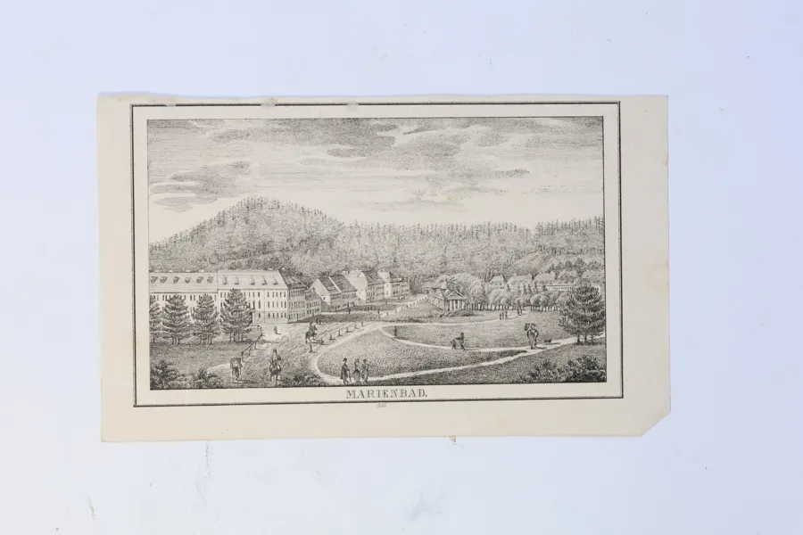 TJECKIEN/HISTORISKT BÖHMEN – MARIENBAD, PANORAMAVY ÖVER KURORTEN, GRAFISKT BLAD, 1800-TAL