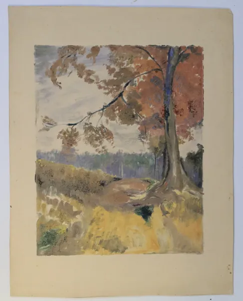 SVERIGE/SKANDINAVIEN – HÖSTLANDSKAP MED STORT TRÄD, GOUACHE/AKVARELL PÅ PAPPER, 1900-TAL