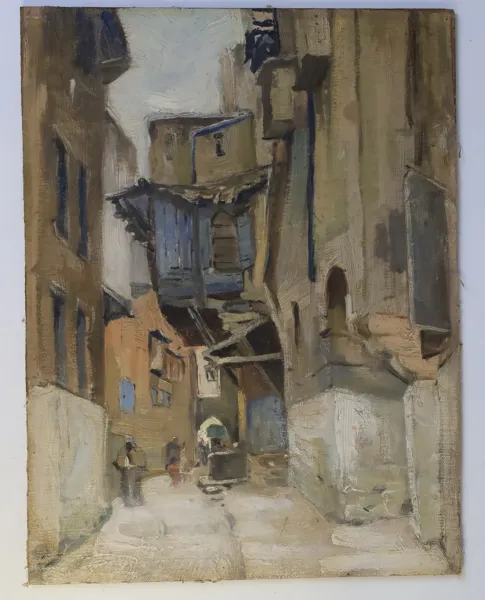 SYDEUROPA – STADSGRÄND MED STENHUS OCH FIGURER, OLJA PÅ DUK/PANNÅ, 1900-TALETS FÖRSTA HÄLFT