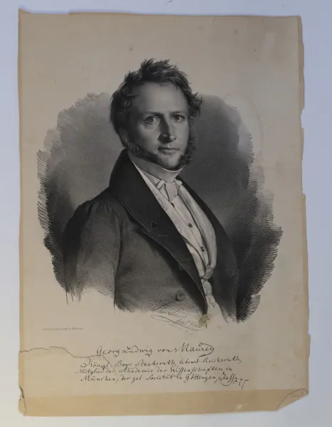 TYSKLAND – GOTTLIEB BODMER, PORTRÄTT AV GEORG LUDWIG VON MAURER, LITOGRAFI TRYCKT I MÜNCHEN, 1830

