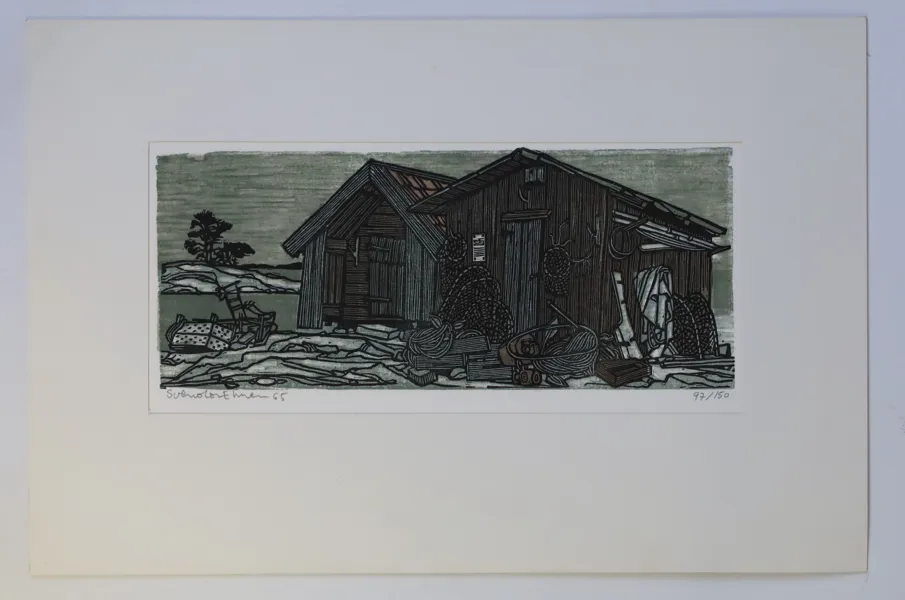 SVERIGE – SVENOLOV EHRÉN, KUSTMOTIV MED SJÖBODAR, FÄRGTRÄSNITT, 1965, 97/150