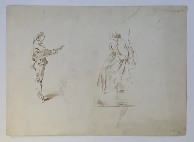 FRANKRIKE – ANTOINE WATTEAU, KRETSEN KRING/EFTER, TVÅ FIGURSTUDIER: MUSIKANT OCH KVINNA PÅ GUNGA, BRUN PENNA OCH LAVERING, 1700-TAL