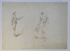 FRANKRIKE – ANTOINE WATTEAU, KRETSEN KRING/EFTER, TVÅ FIGURSTUDIER: MUSIKANT OCH KVINNA PÅ GUNGA, BRUN PENNA OCH LAVERING, 1700-TAL