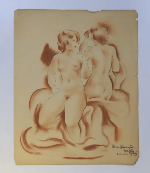 SVERIGE – TVÅ KVINNOAKTER, RÖDKRITA OCH BLYERTS, DATERAD LEKSAND 1931, MED DEDIKATION