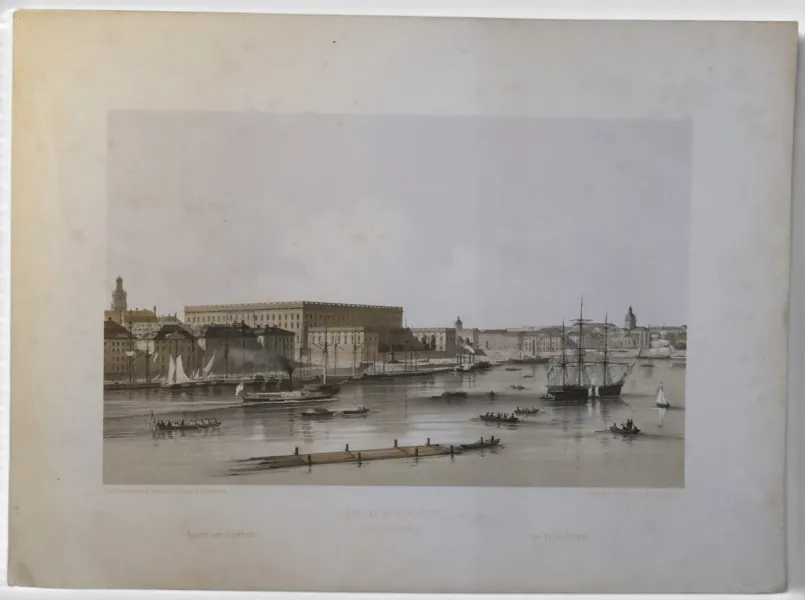 CARL GUSTAF CARLEMAN OCH CARL SVANTE HALLBECK – ”VUE AF STOCKHOLM (FRÅN SKEPPSHOLMEN)”, FÄRGLITOGRAFI, CIRKA 1860–1870